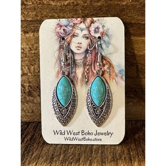 Boho Vintage Chic Southwestern Dangle Wire Earrings, Turquoise Stone, Gift Box - Picture 9 of 10